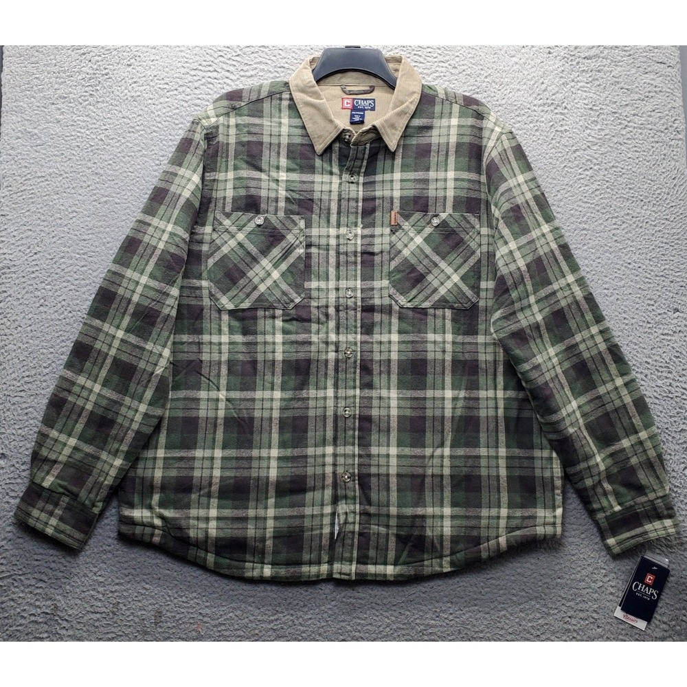 Chaps Flannel Shirt Jacket Mens XXL Multi Plaid Corduroy Collar Quilted Lined